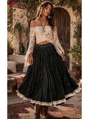 Womens Midi Skirt Boho Peasant Crinkle Broomstick Gypsy Fully Lined Size S Black